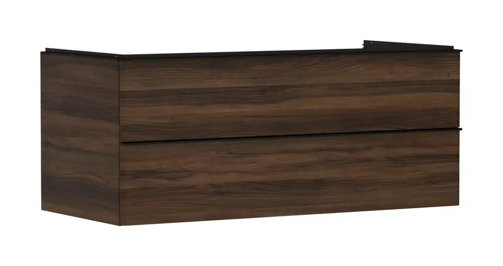 Waschtischunterschrank von Hansgrohe in dunklem Nussbaum mit zwei Schubkästen. Die Front zeigt eine Holzmaserung und eine klare Formensprache.